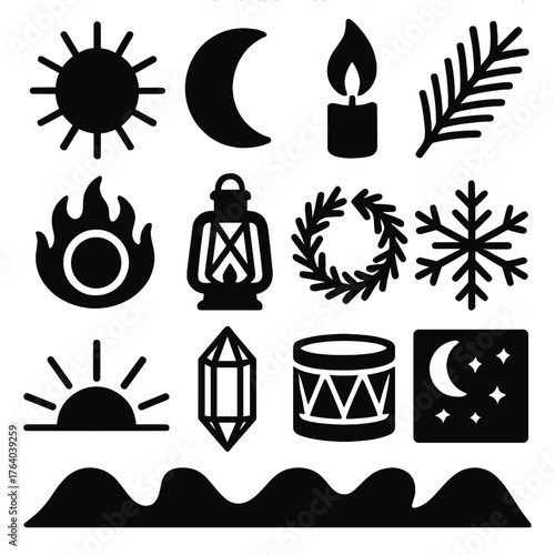 Winter Solstice Rituals Celestial Celebration Style silhouette set: sun symbol, moon, candle flame, pine branch, fire circle, lantern, evergreen wreath, snowflake, sunrise horizon,