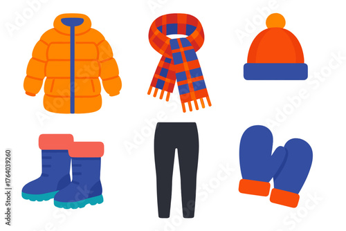 Bundled Looks flat icons: puffer coat, plaid scarf, wool hat, snow boots, thermal leggings, fleece mittens.