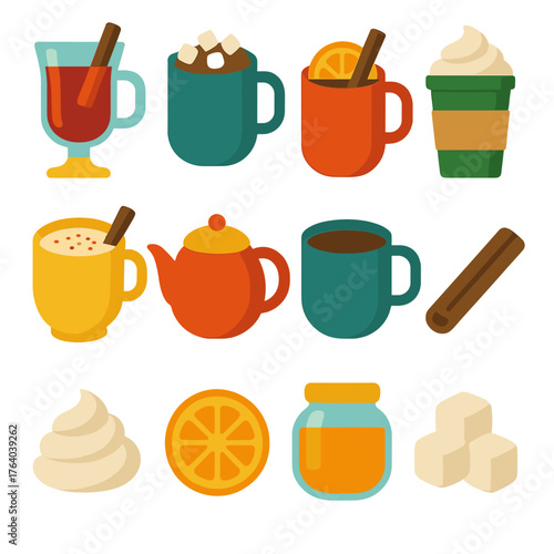 Holiday Warmers Drinks — Cozy Flat Icons flat icons: mulled wine glass, hot chocolate mug, spiced cider, peppermint mocha, eggnog cup, tea pot, coffee mug, cinnamon stick, whipped