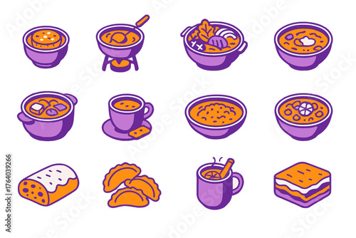 Winter Food Global — Minimal Duotone flat isometric set: French onion soup, Swiss fondue, Japanese hot pot, Russian borscht, Korean kimchi stew, Indian chai, Italian risotto,