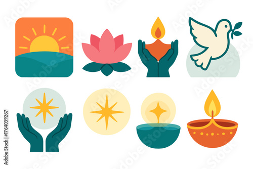 Diwali in Winter — Hope & renewal flat icons: sunrise horizon, lotus bloom, glowing lamp, open hands, dove of peace, radiant star, gentle light, warm flame.