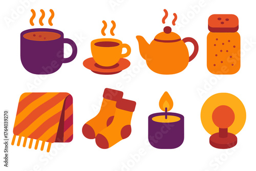 Warm Drink Vibes flat icons: hot chocolate, espresso cup, tea kettle, cinnamon dust, cozy blanket, warm socks, candle, soft lighting.