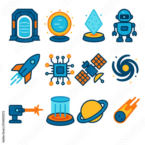 Sci-fi portal flat icons: futuristic gate, energy ring, hologram, robot, spaceship, circuit board, satellite, galaxy spiral, laser beam, teleport pad, planet, comet.