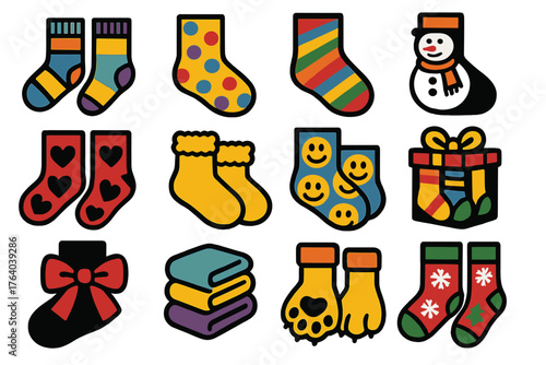 Winter Socks – Playful Styles silhouette set: mismatched socks, bright polka dots, rainbow stripes, cartoon snowman, heart prints, fuzzy ankle pair, smiley faces, gift box of socks