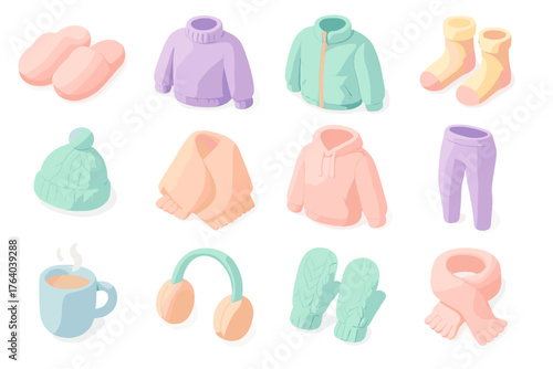 Outerwear Essentials Cozy — Soft Pastel Icons flat isometric set: fuzzy slippers, chunky sweater, fleece jacket, wool socks, knit hat, blanket shawl, soft hoodie, leggings, hot