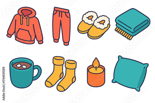 Casual Winter Wear — Home relaxation flat isometric set: hoodie, sweatpants, fluffy slippers, blanket, mug of cocoa, cozy socks, candlelight, pillow.