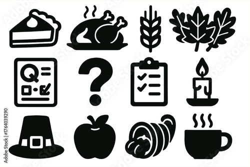 Thanksgiving Quiz silhouette set: pumpkin pie, roasted turkey, wheat, autumn leaves, quiz card, question mark, clipboard, candle, pilgrim hat, apple, cornucopia, warm drink.
