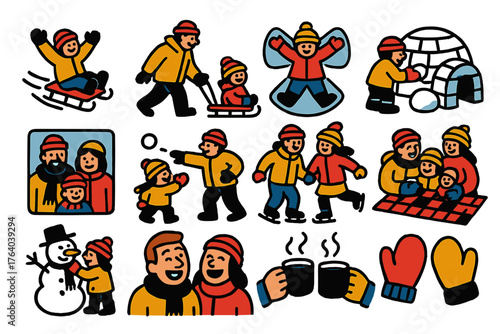 Snowy Activities Family — Warm Flat Icons silhouette set: kids sledding, parents pulling sled, making snow angels, building igloo, group photo, throwing snowballs, skating together