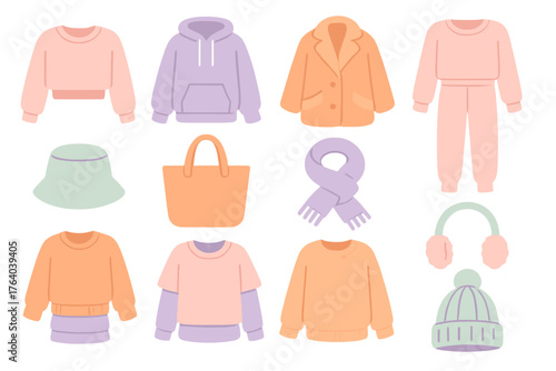 Fleece Essentials Fashion — Soft Pastel Icons flat icons: cropped fleece, oversized hoodie, teddy coat, jogger set, bucket hat, tote bag, scarf wrap, fuzzy earmuffs, cuffed sleeves