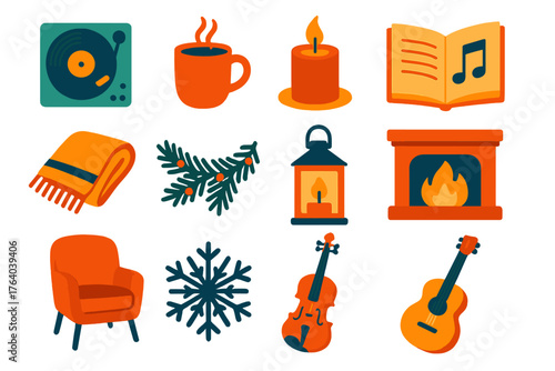 Winter Music Cozy Indoors Style flat icons: record player, steaming mug, candle, open songbook, wool blanket, pine garland, lantern, fireplace, violin, snowflake, cozy chair,