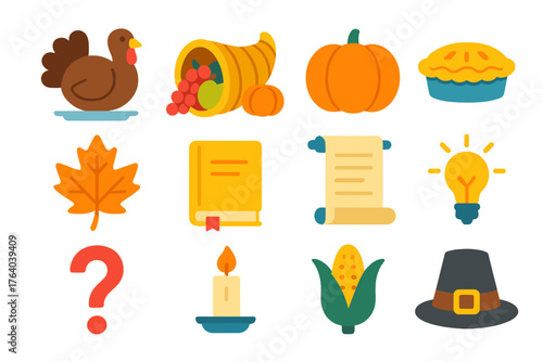 Thanksgiving Facts flat icons: turkey platter, cornucopia, pumpkin, apple pie, autumn leaf, book, scroll, light bulb, question mark, candle, corn husk, pilgrim hat.