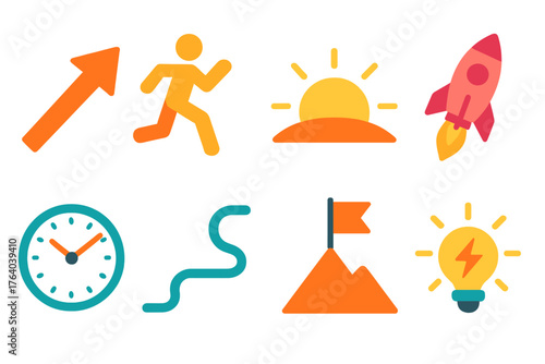 2026 Momentum flat icons: upward arrow, running figure, sunrise, rocket launch, ticking clock, winding path, flag on peak, glowing energy.