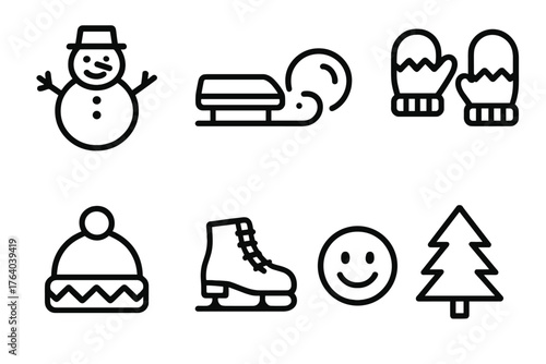 Snow-Covered Play — Outdoor fun outline icon set: snowman, sled, snowball, mittens, wool hat, ice skate, pine tree, smiling face.