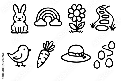 Easter Challenge — Spring adventure outline icon set: bunny, rainbow, blooming flower, garden path, bird, carrot, sun hat, egg trail.