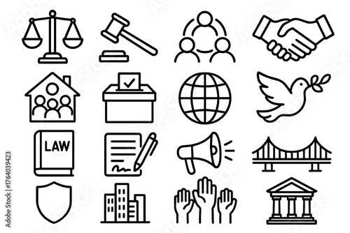 Social Order outline icon set: justice scale, gavel, group circle, handshake, community house, ballot box, globe, peace dove, law book, agreement contract, megaphone, bridge,