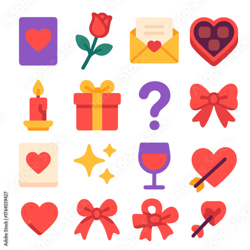 Valentine Challenge Romantic Game Style flat icons: heart card, rose, envelope with letter, chocolate box, candle, gift, question mark, ribbon bow, love note, sparkling star, glass