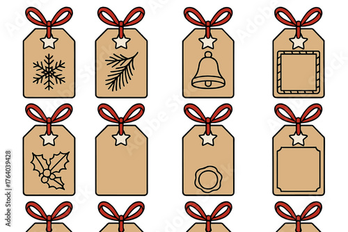 Gift Tags – Classic Holiday outline icon set: rectangular tag, star cutout, red ribbon, snowflake print, pine branch, golden bell, handwritten name, candy cane stripe, holly leaf,