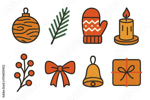Festive Touches — rustic line art flat icons: wooden ornament, evergreen twig, knit mitten, wax candle, berry sprig, ribbon tie, small bell, wrapped parcel.