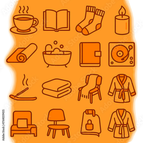 Warmth Indoors Relaxation — Warm Line Art flat icons: cup of tea, open book, wool socks, candle flame, yoga mat, hot bath, journal, record player, incense stick, warm towel, chair