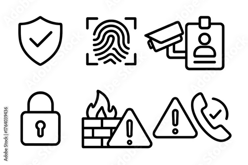 Security Caller ID outline icon set: shield with check, fingerprint scan, surveillance camera, ID badge, lock symbol, firewall, warning triangle, secure phone.