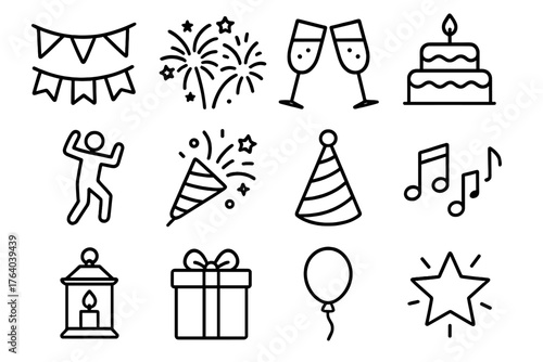 Holiday Celebration outline icon set: festive garland, fireworks, sparkling champagne, cake, dancing silhouette, confetti popper, holiday hat, music rhythm, glowing lantern,