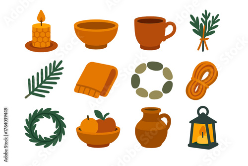 Winter Solstice Rituals Rustic Earthy Style flat icons: beeswax candle, wooden bowl, clay cup, dried herbs, pine sprig, wool cloth, stone circle, twine bundle, evergreen wreath,