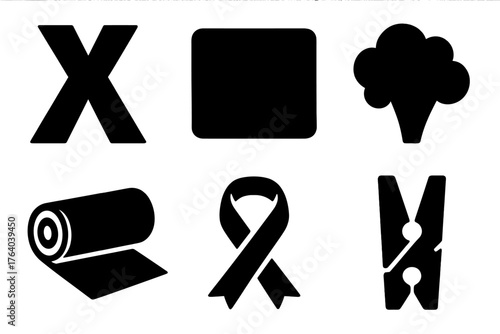 Fabric smoothing silhouette set: crease line, flat cloth, steam puff, textile roll, ribbon, clothespin.