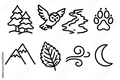 Winter Stories Nature’s Whisper outline icon set: snow-covered trees, owl in flight, frozen river, wolf tracks, mountain silhouette, frosted leaf, soft wind swirl, crescent moon.
