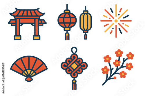 Lunar New Year Celebration flat isometric set: temple arch, lanterns, firework burst, lucky knot, fan, blossom branch.