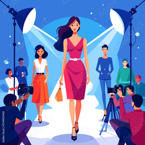 A glamorous fashion show event with a model walking the runway under spotlights, captured by front-row photographers