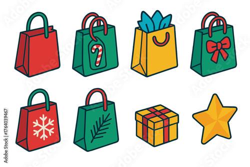 Seasonal Gift Bags flat isometric set: festive tote, candy cane tag, tissue fill, ribbon bow, snowflake print, pine branch, small gift box, golden star.