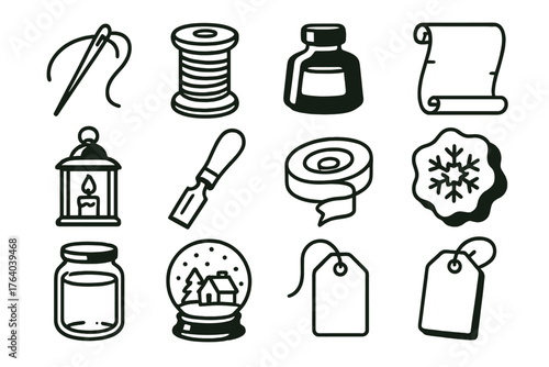 Holiday Crafts Vintage Workshop outline icon set: sewing needle, thread spool, ink bottle, parchment, paintbrush, candle lantern, wood carving knife, ribbon roll, cookie mold,