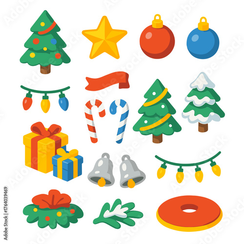 Festive Trees – Evergreen Magic flat isometric set: decorated pine tree, golden star topper, glass ornaments, red ribbon, twinkling lights, candy canes, tinsel wrap, snowy branches