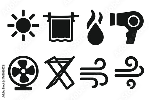 Drying silhouette set: sun, clothesline, towel, water droplet evaporating, hair dryer, fan, drying rack, wind swirl.