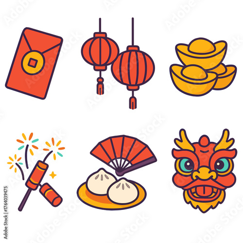 Lunar New Year Traditions flat isometric set: red envelope, lanterns, festive fan, golden ingots, fireworks, steamed buns, dragon mask, tea cup.