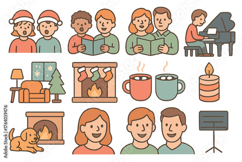 Christmas Carols Family — Soft Pastel Icons flat icons: children singing, parents with songbook, piano, cozy living room, fireplace, stockings, cocoa mugs, candle, snow outside