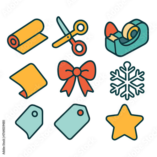 Wrapping Paper — cozy outline icons flat isometric set: rolled sheet, scissors, ribbon bow, tape dispenser, folded edge, gift tag, snowflake, star accent.