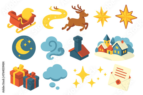 Christmas Journey Magical Storybook Style flat isometric set: Santa’s sleigh, flying reindeer, glowing trail, compass star, moonlit sky, cloud swirl, chimney silhouette, snowy