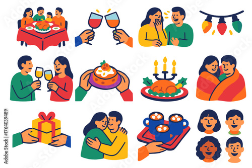 Holiday Warmers Gathering — Vibrant Flat Vector flat isometric set: family dinner, clinking glasses, cozy laughter, festive lights, shared dessert, holiday toast, decorated table,
