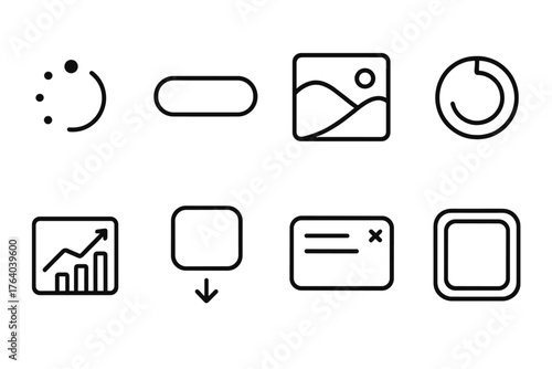 Mobile Motion UI outline icon set: spinning icon, elastic button, parallax background, progress ring, animated chart, swipe card, pop-up modal, hover glow.