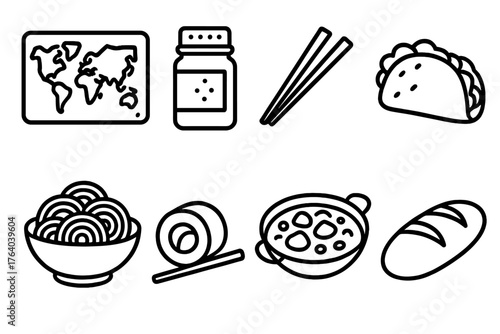 Global Flavors outline icon set: world map, spice jar, chopsticks, taco, pasta bowl, sushi roll, curry dish, bread loaf.