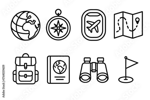 Global Exploration outline icon set: earth globe, compass rose, airplane window, map route, backpack, travel journal, binoculars, flag marker.