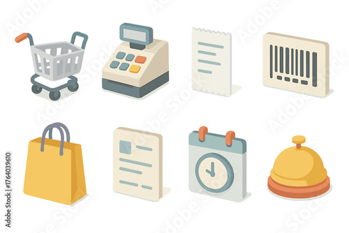 Customer Queue set icons in modern isometric flat vector style: shopping cart, checkout register, receipt, barcode, shopping bag, order slip, calendar time slot, service bell.