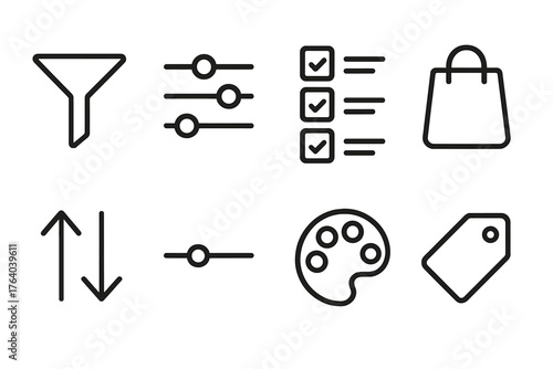 Shopping Filters outline icon set: filter funnel, slider control, checkbox list, category icon, sort arrow, price range bar, color palette, tag selector.