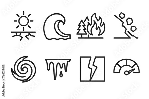 Environmental Hazards outline icon set: drought sun, tsunami wave, forest fire, landslide, hurricane swirl, ice storm, earthquake fault, risk meter.