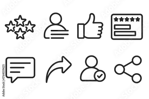 Online Ratings outline icon set: star cluster, user review text, like icon, feedback summary, average score chart, comment thread, share button, verified user icon.