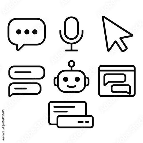 Interactive Assistants outline icon set: chatbot bubble, voice icon, cursor pointer, smart reply box, AI agent face, conversation panel.