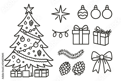 Christmas Tree Display outline icon set: tall fir tree, shining star, red and gold ornaments, string lights, wrapped presents, tinsel garland, pinecones, festive ribbon.