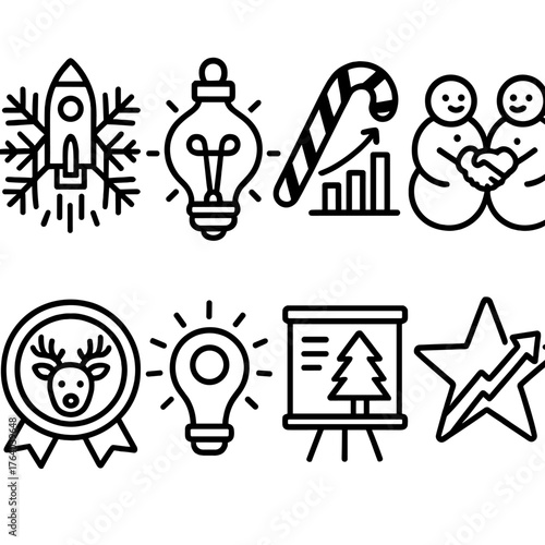 Festive Startup Ecosystems outline icon set: snowflake rocket, ornament idea bulb, candy cane funding chart, frosty teamwork icon, reindeer mentorship badge, glowing innovation hub
