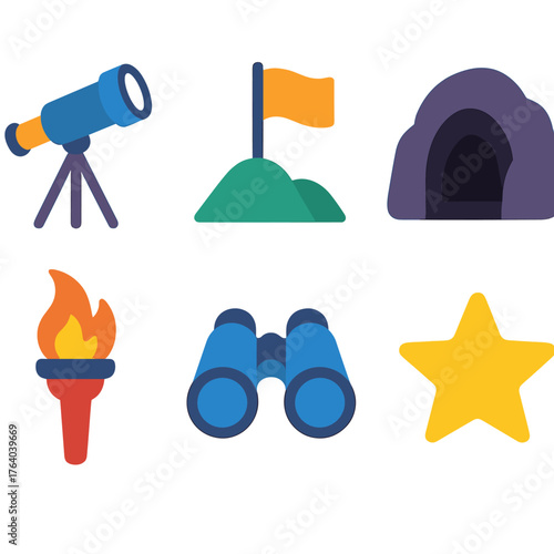 Exploration quest flat icons: telescope, flag, cave, torch, binoculars, star.